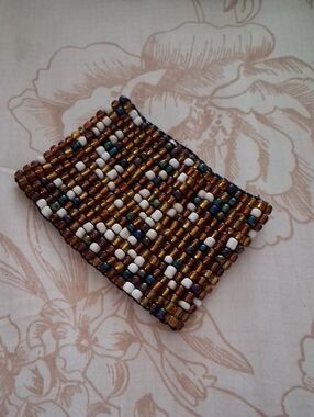 Handwoven Glass Bead Cuff Bracelet in Amber and White